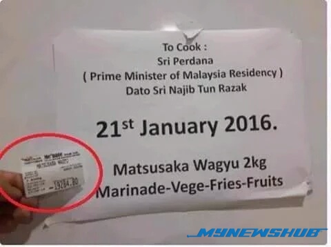 Gambar menunjukkan harga daging stik dan nota kononnya kepada Seri Perdana, yang viral di media sosial