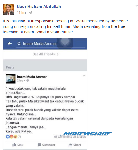 Imam Muda Dikritik Hebat Kerana Status Anti Vaksin