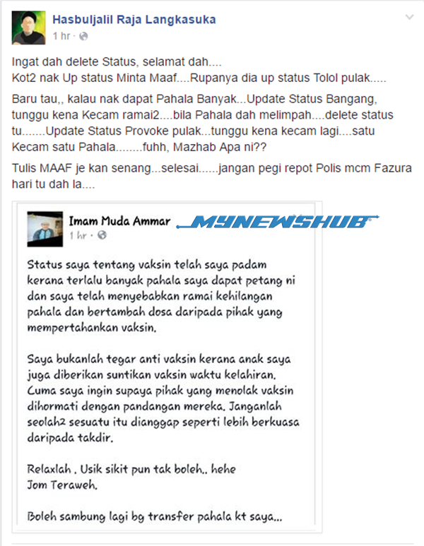 Imam Muda Dikritik Hebat Kerana Status Anti Vaksin