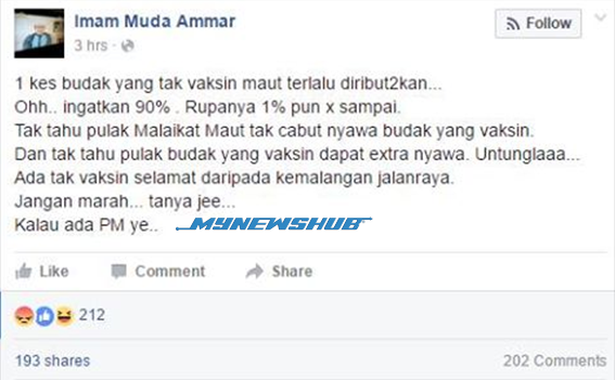 Imam Muda Dikritik Hebat Kerana Status Anti Vaksin