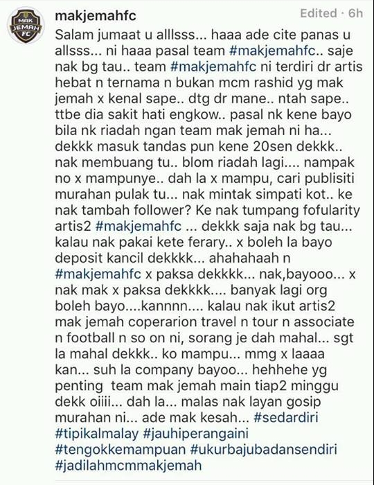 Mak Jemah FC Bidas Laman Kutuk Bayaran RM3K