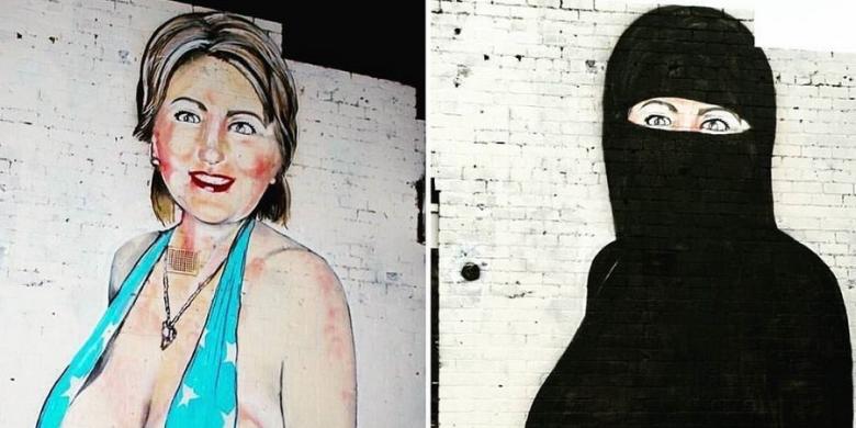 Mural Hillary Clinton Berbikini Diganti Imej Berniqab