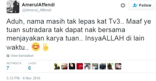  Amerul menulis status di twitter miliknya pada 6 November lalu.