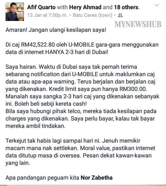 Pengguna Terkejut Terima Bil U-Mobile RM42,522.80