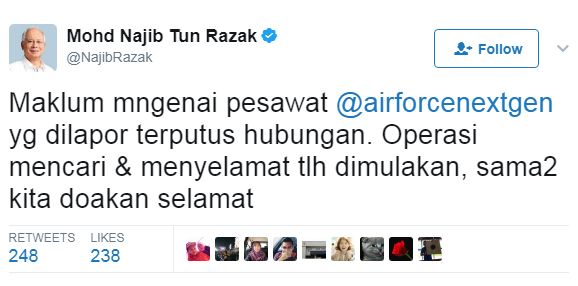 Najib Minta Doakan Keselamatan Pesawat Hilang