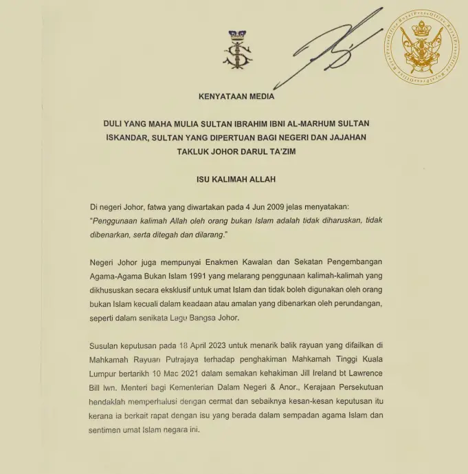 Kerajaan Harus Perhalusi Keputusan Tarik Balik Rayuan Kes Kalimah Allah – Sultan Johor