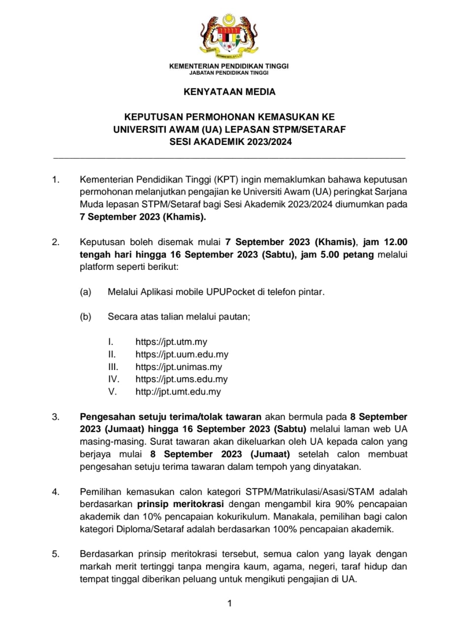 Keputusan Permohonan Kemasukan Ke (UA) Lepasan STPM/Setaraf Sesi Akademik 2023/2024