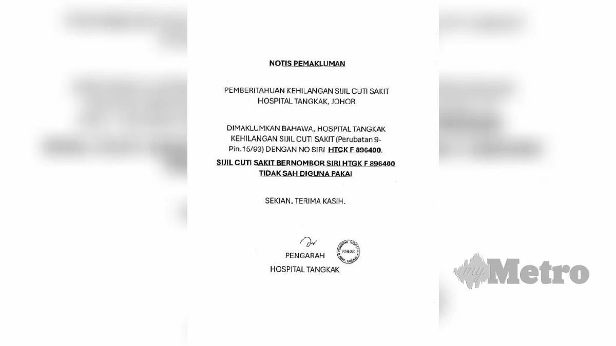 Sijil Cuti Sakit Di Hospital Tangkak Hilang
