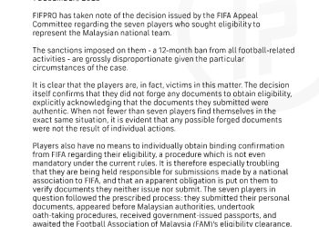FIFPRO KECAM HUKUMAN FIFA TERHADAP 7 PEMAIN WARISAN MALAYSIA, ANGGAP TIDAK ADIL & TERLAMPAU