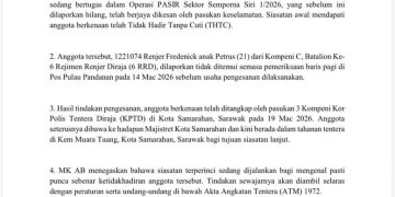 Anggota Tentera Dilapor Hilang Ditemui, Ditahan Untuk Siasatan