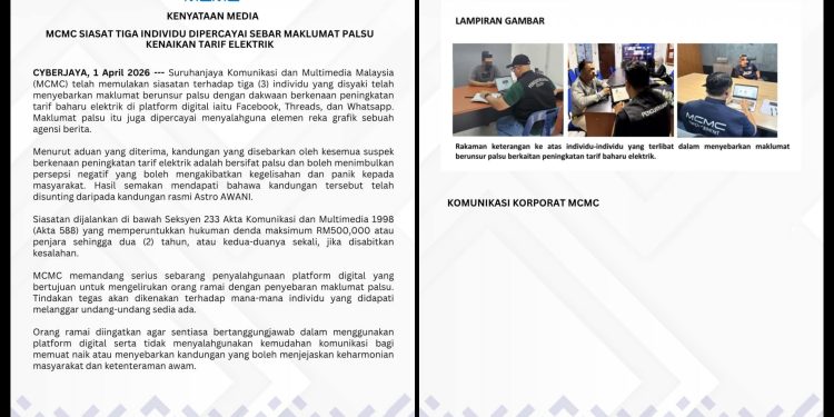 MCMC Siasat Tiga Individu Dipercayai Sebar Maklumat Palsu Kenaikan Tarif Elektrik