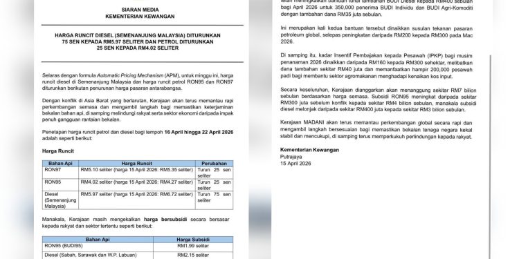 Harga Diesel, Petrol Tanpa Subsidi Hingga 22 April Diturunkan