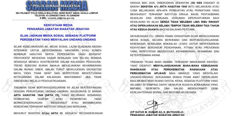 Polis Beri Amaran Ambil Tindakan Tegas Sebar Fitnah, Provokasi Di Media Sosial