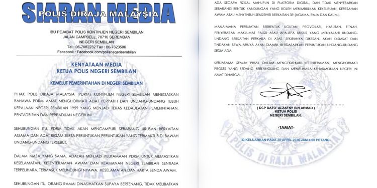 PDRM Tidak Campur Urusan Adat Negeri Sembilan, Pantau Provokasi Dan Hasutan di Media Sosial