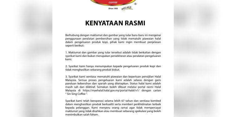 Sin Sing Coffee Nafi Ada Kaitan Isu Berus Bulu Babi