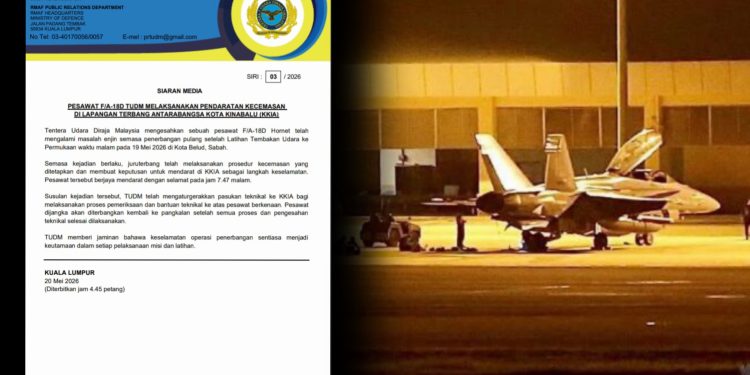 TUDM Sahkan Pesawat F/A-18D Hornet Alami Masalah Enjin, Mendarat Di KKIA