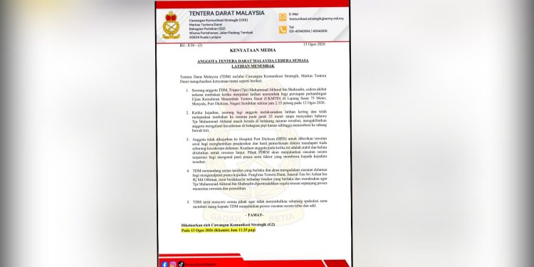 Anggota Tentera Darat Cedera Terkena Tembakan Ketika Latihan